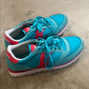 Blue and pink Saucony sneakers